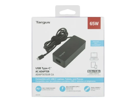 Targus  |  65 W USB-C PD Charger - For Laptops or Power Pass-Thru Docks