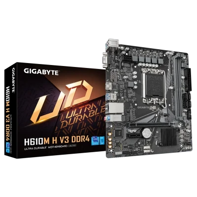 Gigabyte  |  H610M H V3 DDR4  |  Processor family Intel  |  Processor socket LGA1700  |  DDR4 DIMM  |  Supported hard disk drive interfaces M.2, SATA  |  Number of SATA connectors 4