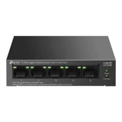 TP-LINK  |  5-Port Gigabit Desktop Switch with 4-Port PoE+  |  LS105GP  |  Unmanaged  |  Desktop
