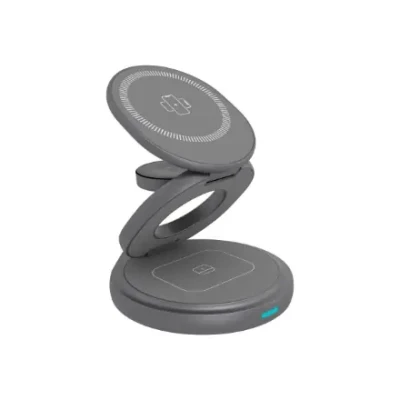 Raidsonic 3 in 1 foldable magnetic charging stand for mobile phone, earpods and smartwatch, Aluminium  |  Icy Box IB-SH101-CH