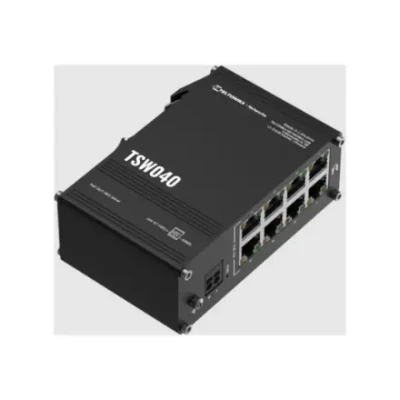 Teltonika Industrial Switch  |  TSW040  |  Unmanaged  |  DIN rail mountable  |  10 / 100 Mbps (RJ-45) ports quantity 8  |  PoE+ ports quantity 8  |  Power supply type 2-pin industrial DC power socket
