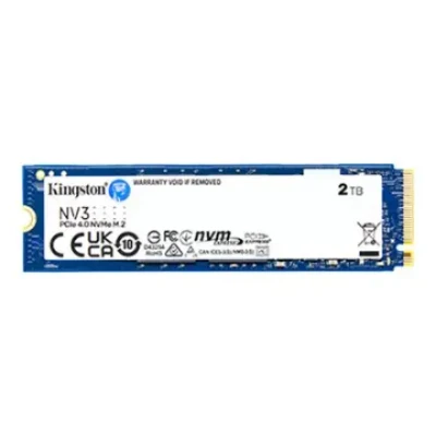 Kingston SSD  |  NV3  |  2000 GB  |  SSD form factor M.2 2280  |  Solid-state drive interface PCIe NVMe Gen 4.0 (x4)  |  Read speed 6000 MB / s  |  Write speed 5000 MB / s