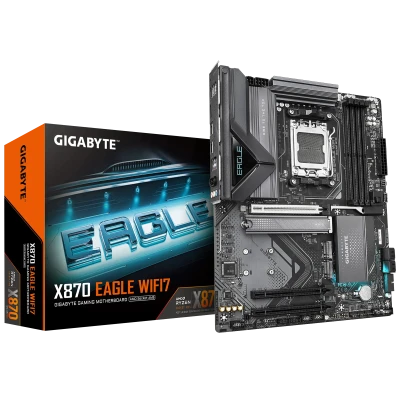 Gigabyte X870 EAGLE WIFI7  |  Processor family AMD  |  Processor socket AM5  |  DDR5 DIMM  |  Supported hard disk drive interfaces SATA, M.2  |  Number of SATA connectors 4