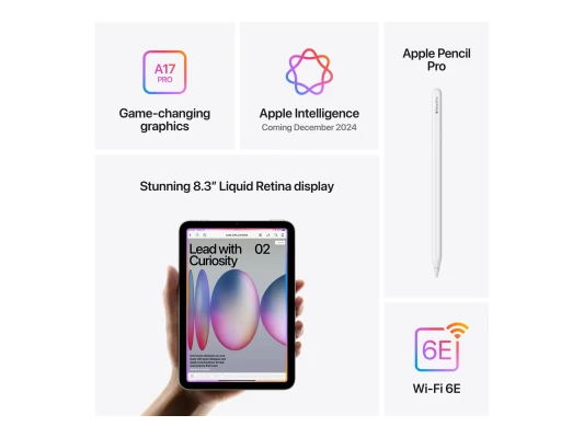 Apple  |  iPad mini  |  8.3 "  |  Space Gray  |  IPS  |  2266 x 1488 pixels  |  Apple A17 Pro  |  128 GB  |  Wi-Fi  |  Front camera  |  12 MP  |  Rear camera  |  12 MP  |  Bluetooth  |  5.3  |  iPadOS  |  USB-C charging cable