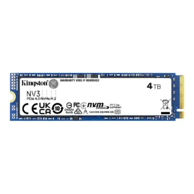 Kingston SSD  |  NV3  |  4000 GB  |  SSD form factor M.2 2280  |  Solid-state drive interface PCIe 4.0 x4 NVMe  |  Read speed 6000 MB / s  |  Write speed 5000 MB / s