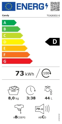 Candy veļas mašīna  |  TCA283D2-S  |  Energoefektivitātes klase D  |  Augšējā ielāde  |  Mazgāšanas jauda 8 kg  |  1200 RPM  |  Dziļums 60 cm  |  Platums 41 cm  |  Displejs  |  Cipari  |  Balts
