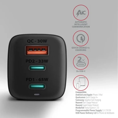 AXAGON GaN wallcharger 3x port (USB-A + 2x USB-C), 65W  |  ACU-DPQ65