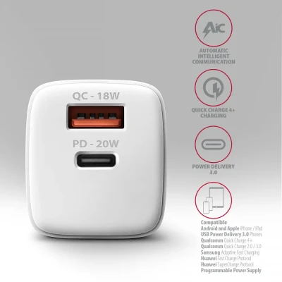 AXAGON Wallcharger 2x port (USB-A + USB-C), 20W  |  ACU-PQ20W