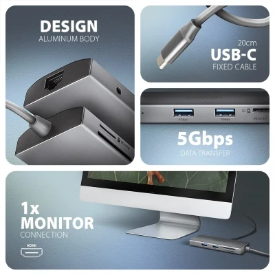 AXAGON Multi port USB-C 5Gbps hub  |  HMC-8HLSA