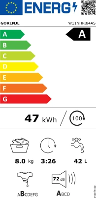 Gorenje  |  Washing Machine  |  W11NHPI84AS  |  Energy efficiency class A  |  Front loading  |  Washing capacity 8 kg  |  1400 RPM  |  Depth 54 cm  |  Width 60 cm  |  Display  |  LED  |  Steam function  |  White