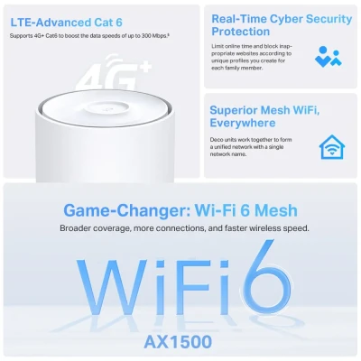 TP-LINK 4G+ AX1500 Whole Home Mesh Wi-Fi 6 maršrutētājs  |  Deco X10-4G (1 iepakojums)  |  802.11ax  |  1201 Mbit / s  |  Mesh atbalsts Nē  |  MU-MiMO Nē  |  Nav mobilā platjoslas