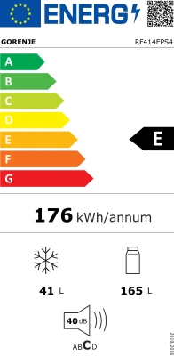Gorenje Refrigerator  |  RF414EPS4  |  Energy efficiency class E  |  Free standing  |  Double Door  |  Height 143.6 cm  |  Fridge net capacity 165 L  |  Freezer net capacity 41 L  |  40 dB  |  Grey