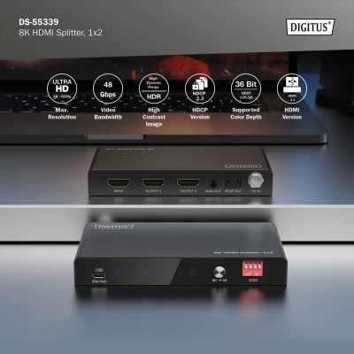 Digitus 8K HDMI Splitter, 1x2  |  DS-55339  |  Black