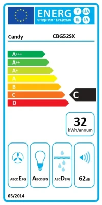 Candy nosūcējs  |  CBG52SX  |  Kanopija  |  Energoefektivitātes klase C  |  Platums 52 cm  |  168 m³ / h  |  Mehānisks  |  LED  |  Sudrabs
