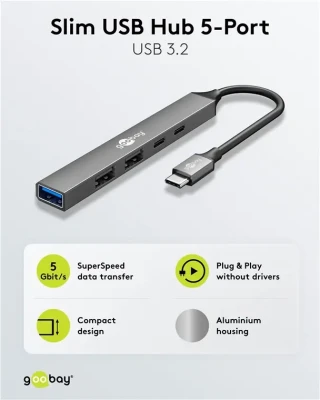 Goobay Slim 5-Port USB Hub, USB-C to USB-C / USB-A, 5 Gbit / s  |  74460