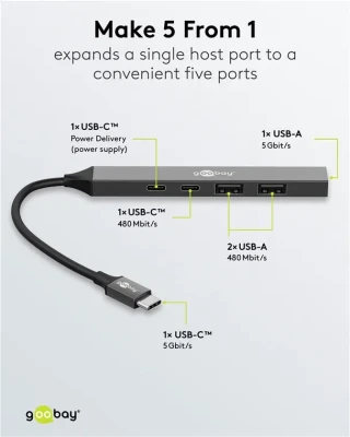 Goobay Slim 5-Port USB Hub, USB-C to USB-C / USB-A, 5 Gbit / s  |  74460
