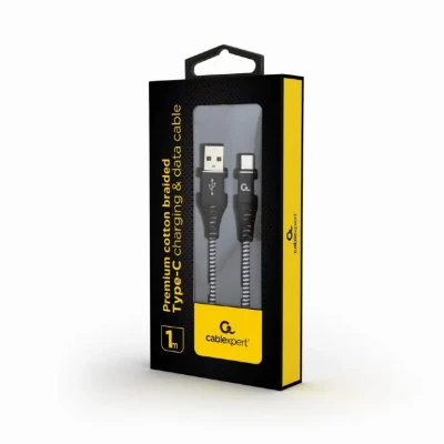 Cablexpert  |  Premium kokvilnas pinums Type-C USB uzlādes un datu kabelis, 1 m  |  CC-USB2B-AMCM-1M-BW