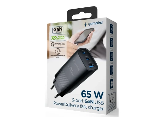 Cablexpert 3-port 65 W GaN USB PowerDelivery fast charger  |  TA-UC-PDQC65-01-BK