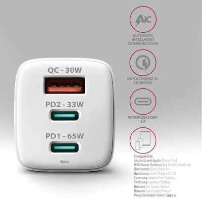 AXAGON GaN wallcharger 3x port (USB-A + 2x USB-C), PD3.0 / PPS / QC4+ / SFC2.0 / AFC / SCP / FCP / Apple, 65W  |  ACU-DPQ65W