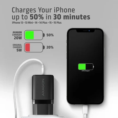 AXAGON Wallcharger 1x port USB-C, PD3.0 / PPS / QC4+ / AFC / FCP / Apple, 20W  |  ACU-PD20
