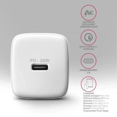 AXAGON Wallcharger 1x port USB-C, PD3.0  /  PPS  / QC4+ / AFC / FCP / Apple, 20W  |  ACU-PD20W