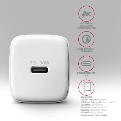 AXAGON Sil wallcharger 1x port USB-C, PD3.0  / PPS / QC4+ / SFC / AFC / Apple, 30w  |  ACU-PD30W