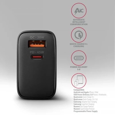 AXAGON GaN sienas lādētājs 2x ports (USB-A + USB-C), PD3.0 / PPS / QC4+ / SFC2.0 / AFC / SCP / FCP / Apple, 45W  |  ACU-PQ45