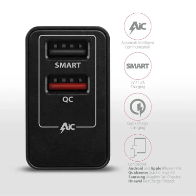 AXAGON Dual wallcharger 240V / 2x USB port QC3.0 / AFC / FCP and 5V-1.2A, 24W  |  ACU-QS24