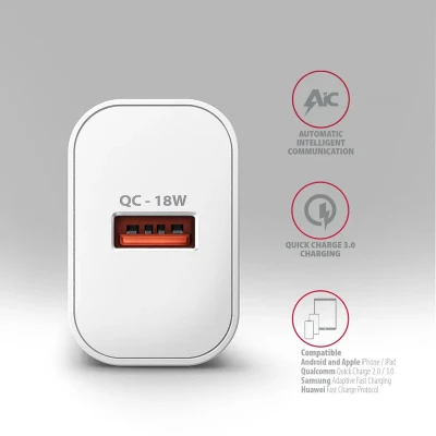 AXAGON Wallcharger 1x port USB-A, QC3.0 / AFC / FCP / Apple, 18W  |  ACU-QC18W
