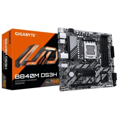 Gigabyte B840M DS3H  |  Processor family AMD  |  Processor socket AM5  |  DDR5  |  Supported hard disk drive interfaces SATA, M.2  |  Number of SATA connectors 4