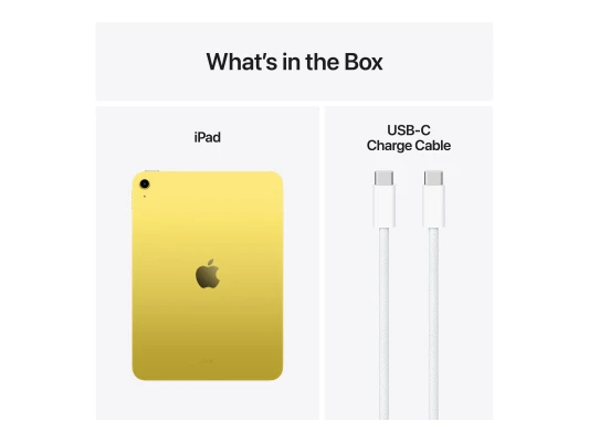 Apple  |  iPad  |  11 "  |  Yellow  |  IPS, Liquid Retina  |  2360 x 1640 pixels  |  Apple A16  |  512 GB  |  Wi-Fi  |  Front camera  |  12 MP  |  Rear camera  |  12 MP  |  Bluetooth  |  5.3  |  iPadOS  |  USB-C charging cable