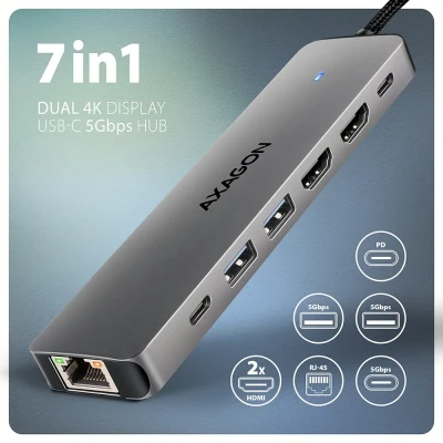 AXAGON USB-C 5Gbps DUAL 4K DISPLAY 7in1 Hub  |  HMC-7HX2