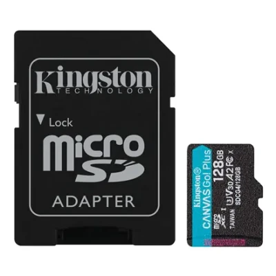 Kingston  |  Canvas Go! Plus  |  128 GB  |  microSD  |  Flash memory class Class 10, UHS-I, U3, V30, A2