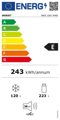 INDESIT ledusskapis  |  INKS 1361 W4E1  |  Energoefektivitātes klase E  |  Brīvi stāvošs  |  Kombinēts  |  Augstums 185.2 cm  |  Ledusskapja tīrā ietilpība 223 L  |  Saldētavas tīrā ietilpība 120 L  |  38 dB  |  Balts