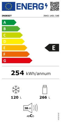 INDESIT INKS 1401 S4E  |  Energy efficiency class E  |  Free standing  |  Combi  |  Height 202.5 cm  |  Fridge net capacity 266 L  |  Freezer net capacity 120 L  |  38 dB  |  Silver