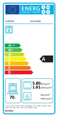 Gorenje Cooker  |  GG5A14WJ  |  Hob type Gas  |  Oven type Gas  |  White  |  Width 50 cm  |  Depth 59.4 cm  |  70 L