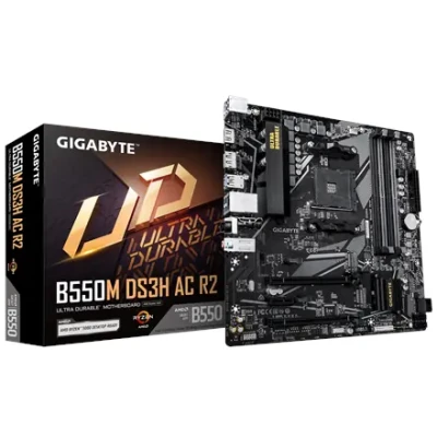 Gigabyte B550M DS3H AC R2  |  Processor family AMD  |  Processor socket AM4  |  DDR4 DIMM  |  Supported hard disk drive interfaces SATA, M.2  |  Number of SATA connectors 4