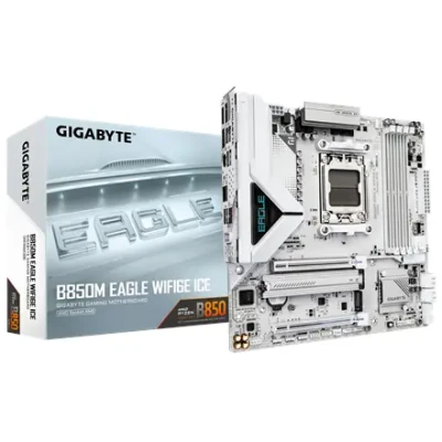 Gigabyte B850M EAGLE WF6E ICE  |  Processor family AMD  |  Processor socket AM5  |  DDR5  |  Supported hard disk drive interfaces SATA, M.2  |  Number of SATA connectors 4