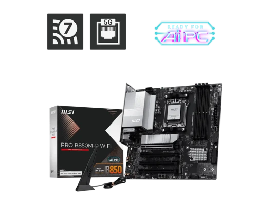MSI PRO B850M-P WIFI  |  Processor family AMD B850  |  Processor socket AM5  |  DDR5  |  Supported hard disk drive interfaces SATA, M.2  |  Number of SATA connectors 4