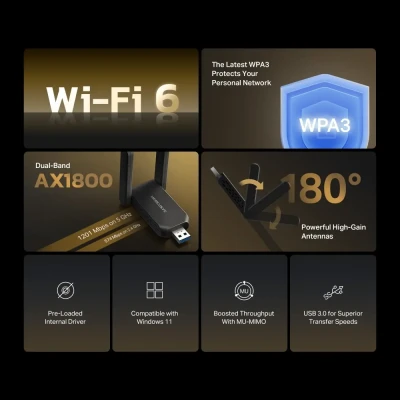 Mercusys AX1800 High-Gain Wireless Dual-Band USB Adapter  |  MA72XH