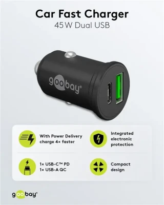 Goobay Dual-USB Car Fast Charger USB-C PD (Power Delivery), 45 W  |  61739