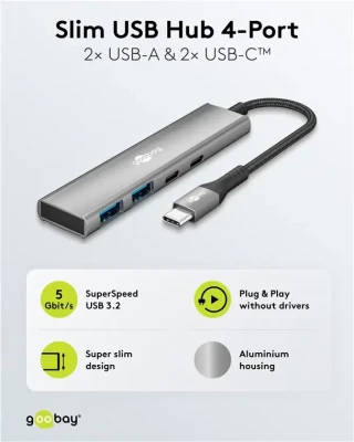 Goobay Slim 4-Port USB Hub, USB-C to USB-C / USB-A, 5 Gbit / s  |  76563