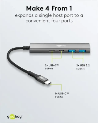 Goobay Slim 4-Port USB Hub, USB-C to USB-C / USB-A, 5 Gbit / s  |  76563