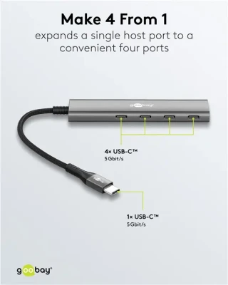 Goobay Slim 4-Port USB Hub, USB-C to USB-C, 5 Gbit / s