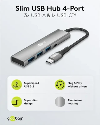 Goobay Slim 4-Port USB Hub, USB-C uz USB-C / USB-A, 5 Gbit / s  |  76562