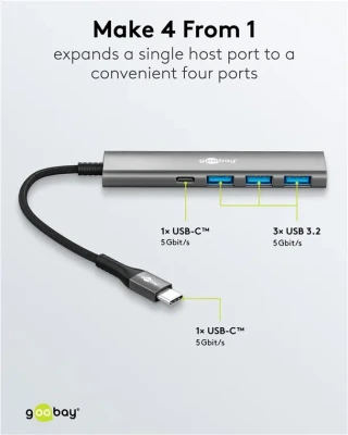 Goobay Slim 4-Port USB Hub, USB-C uz USB-C / USB-A, 5 Gbit / s  |  76562