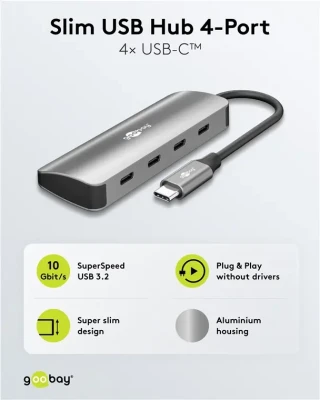 Goobay Slim 4-Port USB-Hub, USB-C auf USB-C, 10 Gbit / s, Grey  |  76565