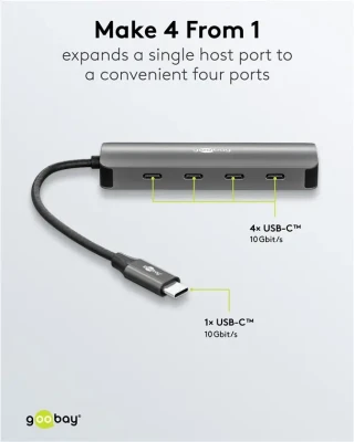 Goobay Slim 4-Port USB-Hub, USB-C auf USB-C, 10 Gbit / s, Grey  |  76565