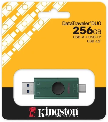 Kingston USB zibatmiņa  |  DataTraveler Duo  |  256 GB  |  USB Type-A un USB Type-C  |  Melns / Zaļš