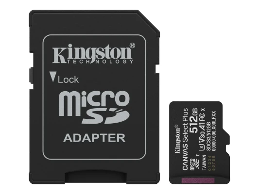 Kingston Canvas Select Plus  |  512 GB  |  microSD  |  Flash atmiņas klase Klase 10, UHS-I, U1 / U3, video klase 10 / 30, A1